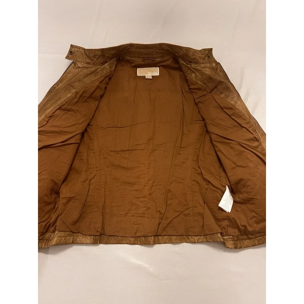 MICHAEL KORS Leather Moto Jacket Cafe Racer Zipped Sleeve Pocket Cognac Brown Lg